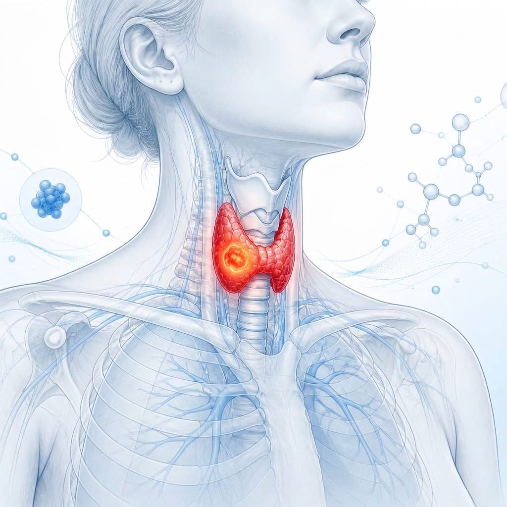 Anatomical illustration of the human neck with the thyroid gland highlighted
